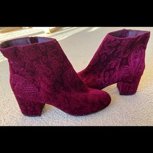 Zigisoho Block Heel Boots - Wine Color Floral Velvet Print.